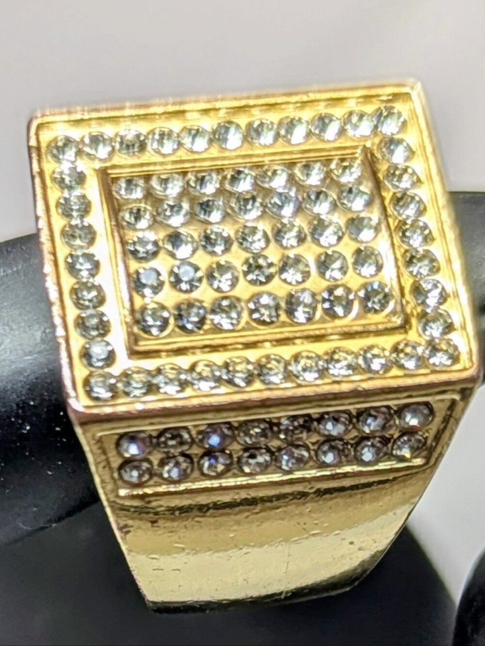 Men's Gold Tone Iced-Out Pavé Signet Ring - Rectangular Chunky Ring + FREE GIFT